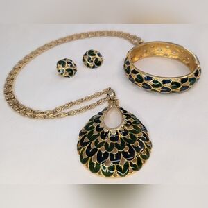 Vintage Cloisonné Enamel Jewelry Set Peacock Scale Design Gold Tone RARE